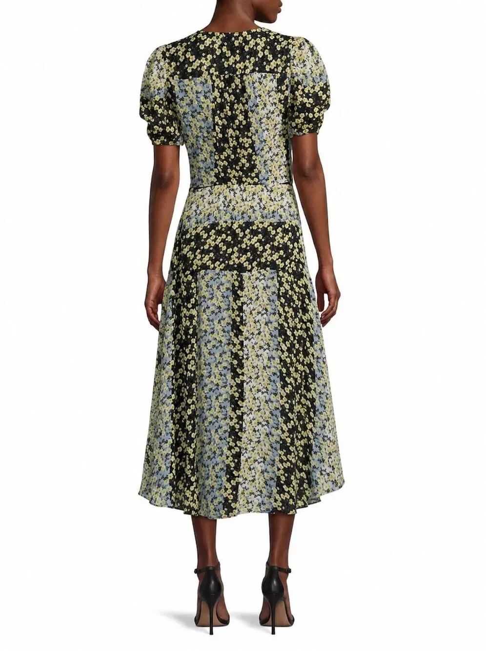 Parker Shelby Silk Floral Blossom Patchwork MIDI Dress Blue Multi Size 2 - Picture 2 of 12